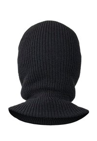 Black knit balaclava with a ribbed texture, featuring a seamless design and a wide neckline for coverage and warmth.