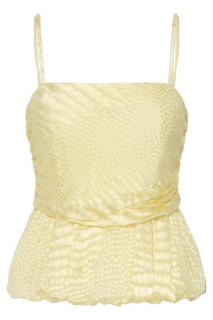 Gul satin ærmeløs top med subtilt tekstureret mønster og samlet peplumkant.
