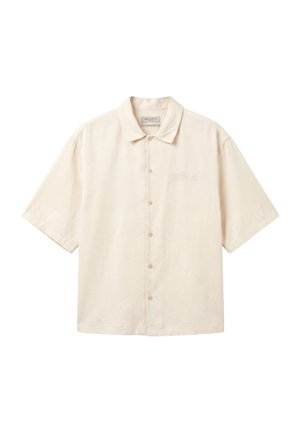 Short-sleeve beige button-up shirt with a collar, five buttons down the front, and subtle embroidered text on the left chest.