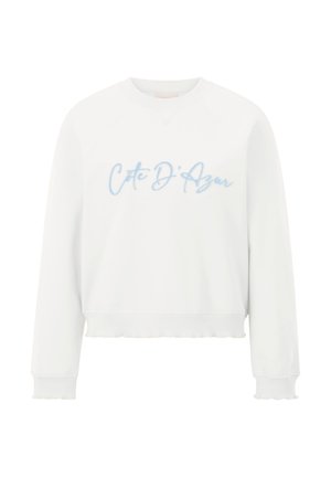 White cropped sweatshirt with a ribbed neckline and cuffs. Features light blue embroidered text reading "Côte D'Azur" on the front.