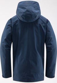 Veste imperméable bleu marine avec capuche, manches longues et poignets réglables avec fermeture Velcro, vue de dos sur fond blanc.