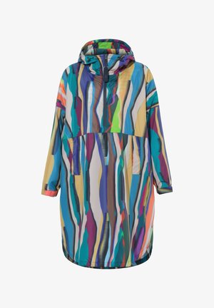 Meer dan één kleur, lange mouwen, met een capuchon regenjas met verticale abstracte strepen in blauw, groen, paars, beige en oranje, rits aan de voorkant en zakdetails.
