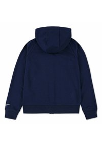 Felpa con cappuccio blu navy dal texture morbida, dotata di tasca a marsupio, polsini e orlo ribattuti, con un piccolo logo sulla manica.