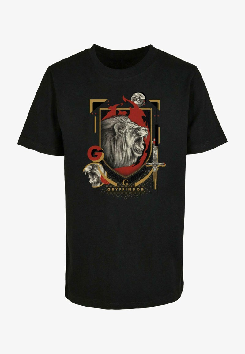 Schwarzes Baumwoll-T-Shirt mit einem grafischen Design eines brüllenden Löwen, Flammen und einem Schwert, mit Akzenten in Rot, Gold und Grau.