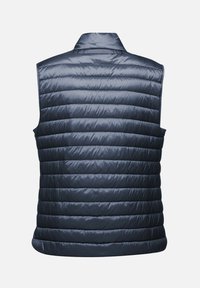 Gilet imbottito blu marino con design trapuntato, colletto rotondo e maniche assenti. Tessuto liscio e lucido con cuciture orizzontali e senza hardware visibile.