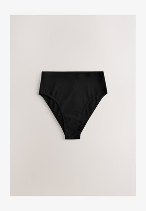 Slip bikini nero a vita alta realizzato in tessuto liscio, con un taglio classico e cuciture minime per un aspetto senza cuciture.