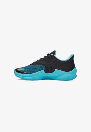 Black and blue athletic shoes with a mesh upper, textured side accents, and a cushioned turquoise sole; features laces and logo detail.