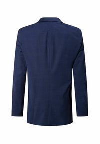 Dunkelblauer Blazer mit glatter Textur, einfacher Schlitz hinten und dauerhaftem Revers. Lange Ärmel und minimale Nahtdetails.