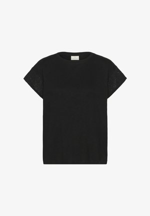 Black short-sleeve t-shirt made from soft fabric, featuring perforated detailing on the sleeves and a classic crew neck design.