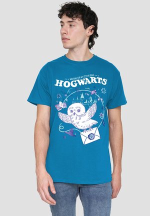 Junger Mann mit blauem Hogwarts-T-Shirt mit einer Eule, die einen Briefumschlag und magische Symbole hält, schaut seitlich vor einem schlichten Hintergrund.