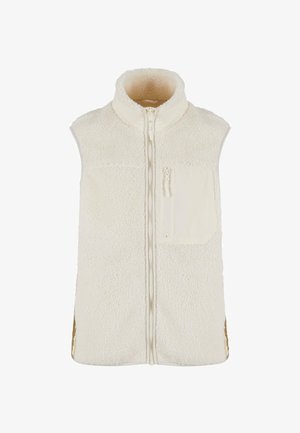 Hvit fleecevest med høy krage, glidelås foran og lomme på venstre bryst. Har sidesplitter og myk, teksturert stoff.