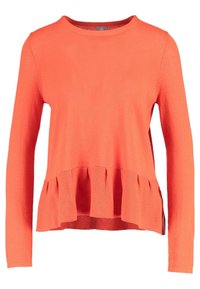 Pull à manches longues de couleur orange vif avec une texture côtelée, présentant un ourlet à volants superposés et un col rond classique.
