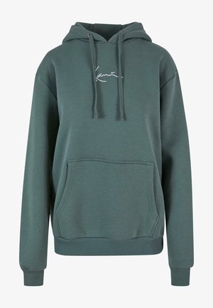Sweat à capuche vert avec poche avant, cordons, poignets côtelés et petit logo signature blanc sur la poitrine.