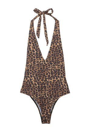 Costume da bagno leopardato con profondo scollo a V, spalline alla halsetta legate e gamba alta. Realizzato in un tessuto liscio con una trama testurizzata.