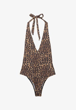 Leopard print swimsuit with a deep V-neck, tied halter straps, and a high-cut leg. Made from a smooth fabric with a textured pattern.