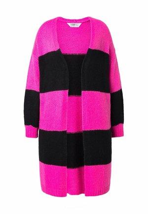 Cardigan overdimensionato a righe rosa brillante e nere. Tessuto lavorato a maglia con apertura frontale e maniche a tre quarti.