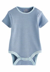 Lichtblauwe korte mouwen body met dunne horizontale strepen. Gemaakt van een zachte stof, met drukknoopsluiting op de schouders en onderaan.
