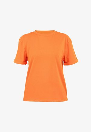 Kurzarm-T-Shirt aus leuchtend orangefarbenem Baumwollstoff, mit Rundhalsausschnitt und umgeschlagenen Ärmeln, in einer entspannten, geraden Passform.