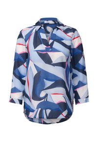 Leichtes, gemustertes Blusenshirt in Blau, Creme und Rot. Mit V-Ausschnitt, langen Ärmeln und abgerundetem Saum. Aus atmungsaktivem Stoff gefertigt.