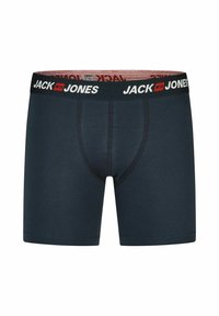 Dark blue boxer briefs with a black elastic waistband featuring white "JACK & JONES" text. The fabric is smooth, with a fitted design and no logos.