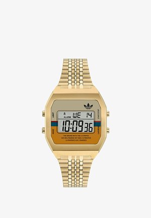 Auksinis skaitmeninis riešo laikrodis su stačiakampiu ciferblatu, tinklu ir skaitmeniniu LCD ekranu, rodantis numerius ir datą, su mėlynos ir oranžinės spalvos akcentais.