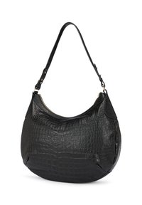 Sac à bandoulière en cuir noir avec une texture crocodile, forme arrondie, fermeture à zip et bandoulière réglable. Accents en métal doré.