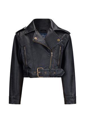 Giacca in pelle nera corta con vita cintata, zip frontale asimmetrica, due tasche con zip e colletto a risalto.