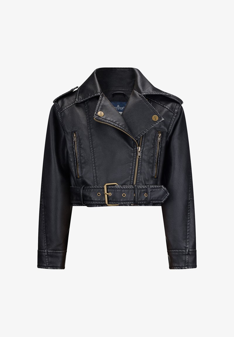 Schwarze kurz geschnittene Lederjacke mit tailliertem Bund, asymmetrischem Frontreißverschluss, zwei Reißverschlusstaschen und ausgeprägtem Reverskragen.