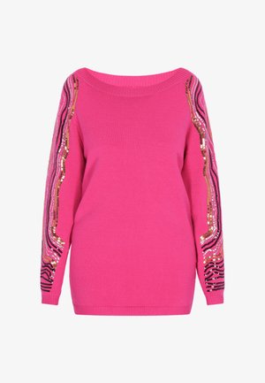 Pink knit sweater with an off-shoulder neckline and decorative wavy sequin patterns in gold, black, and pink on the sleeves.
