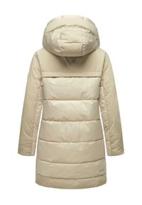 Beige pufferjas met een capuchon, met een gladde textuur, een breed paneelontwerp en horizontale stiksels, die zowel isolatie als stijl bieden.