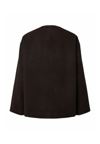 Manteau noir oversize avec un design simple dans le dos et des manches longues, présenté sur fond blanc.