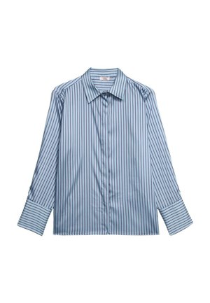 Lichtblauw langslijf shirt met verticale rode strepen, een kraag en manchetmouwen. Glad stof met een knoopsluiting aan de voorkant.