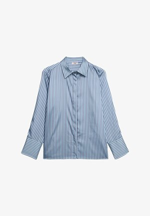 Light blue long-sleeve shirt with vertical red stripes, a collar, and cuffed sleeves. Smooth fabric with a button-down front.