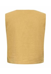 Senapsgul ärmlös topp i ett strukturerat tyg med en rak fåll, som har en enkel, minimalistisk design och rena linjer.