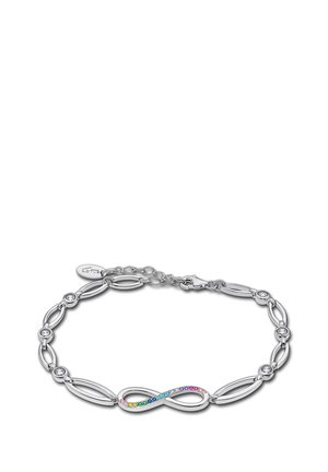 Silberarmband mit ovalen Gliedern und runden Akzenten. In der Mitte befindet sich ein Unendlichkeitssymbol, das mit regenbogenfarbenen Steinen verziert ist. Verstellbarer Verschluss.