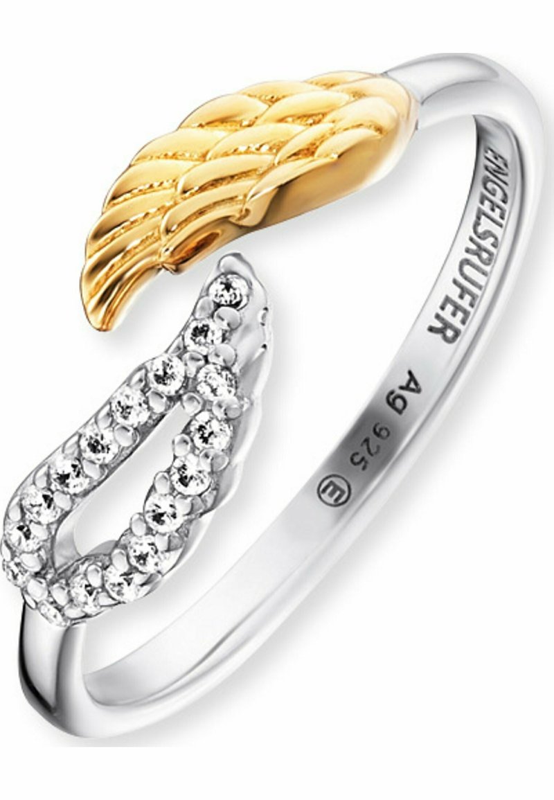 Sterling-Silberring mit einem gedrehten Goldakzent und einer funkelnden Anordnung klarer Steine, mit einem schlanken, offenen Design.