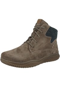 Stivaletti alla caviglia in suede marrone con colletto lavorato a maglia grigio scuro, dotati di lacci rotondi, suola in gomma e cuciture decorative.