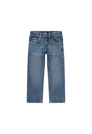 Lyseblå denimjeans med rett ben, vanlig midje, to framme lommer og synlige sømdetaljer.