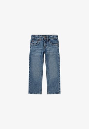 Lyseblå denimjeans med rett ben, vanlig midje, to framme lommer og synlige sømdetaljer.