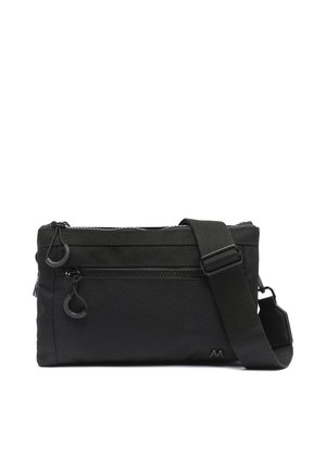 Black rectangular crossbody bag with adjustable strap, two zippered compartments, and circular zipper pulls on a white background.
