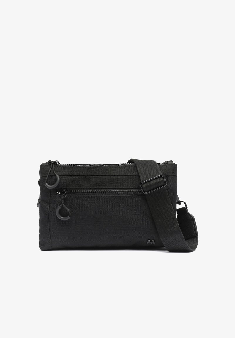 Zwarte rechthoekige crossbodytas met verstelbare riem, twee met rits afsluitbare vakken en ronde ritsuiteinden op een witte achtergrond.