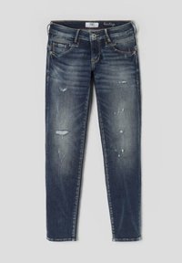 Jeans de denim azul desvaído con corte slim. Presenta parches desgastados y un ligero efecto de arrugado. Diseño clásico de cinco bolsillos con herrajes plateados.