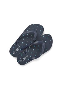 Infradito blu navy con una suola strutturata e sottili cinturini, decorati con piccoli motivi azzurri di uccelli e barche.