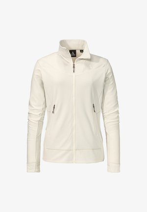 White zip-up jacket with a high collar, textured fabric, two front pockets with zippers, and a logo on the collar.