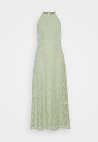 Ljusgrön halterneck-klänning med en figurnära överdel och en flödande spetskjol som har ett blommönster, vilket tillför struktur och detalj.