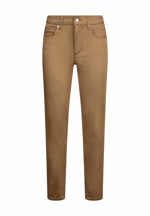 Jean slim fit marron avec une texture lisse, design à cinq poches et fermeture à bouton métallique. Pas de motifs ou d'accents visibles.
