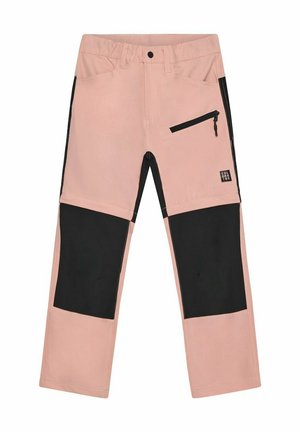 Pantaloni rosa e neri con tasca frontale con cerniera sulla coscia destra e rinforzi neri sulle ginocchia, progettati per bambini.