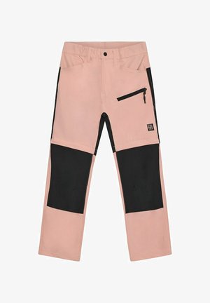 Pantalon rose et noir avec poche zippée à l'avant sur la cuisse droite et renforts noirs aux genoux, conçu pour les enfants.