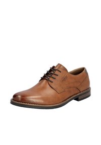 Scarpa da dress in pelle marrone con un design elegante, caratterizzata da un pannello testurizzato, lacci tradizionali e un tacco basso impilato per stabilità.