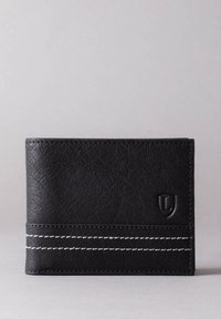 Black leather wallet with a textured surface. Features white stitching and a raised logo. Compact, bi-fold design with a minimalist style.